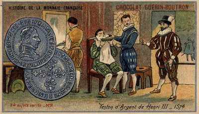 Serie Historia de la Moneda Francesa publicada por Chocolat Guérin Boutron. Cromolitografía del siglo XIX. Testón de plata de Enrique III. 1574 de Unknown artist