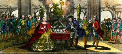 Guerra de los Siete Años: alegoría que representa a María Teresa de Austria (1717-1780) y Federico de Prusia (1712-1786) jugando al ajedrez. Grabado del siglo XVIII Colección Privada de Unknown artist