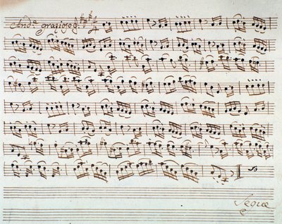 Página de partitura para el primer violín en la obertura de Mitrídates, rey del Ponto, ópera por Mozart (1770) de Unknown artist