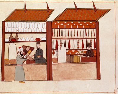 Tiendas en las calles de Constantinopla. Miniatura tomada de un manuscrito de Cicogna del siglo XIX (1828) después de un original del siglo XVII (1671) de Unknown artist