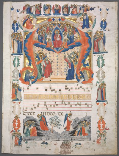 Hoja única extraída de un antifonario: Inicial A[spiciens a longe] con Cristo en majestad de Unknown artist