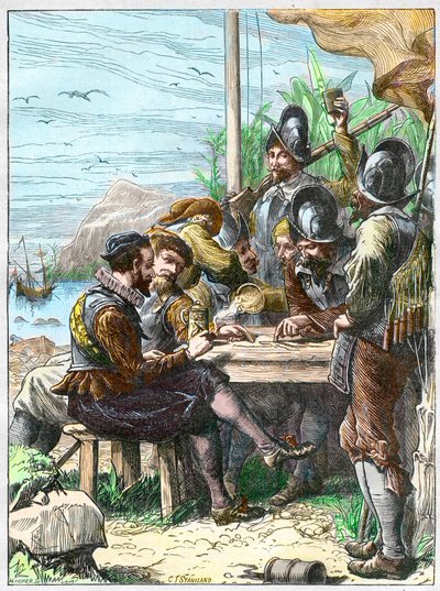 Sir Walter Raleigh en Trinidad, obteniendo información de los soldados españoles sobre Guayana, 1595. - Expedición de Walter Raleigh de Unknown artist