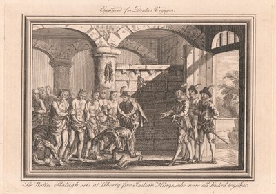 Sir Walter Raleigh pone en libertad a cinco reyes indios, que estaban vinculados entre sí de Unknown artist