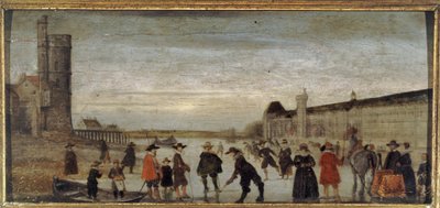 Patinadores en el Sena en 1608, hacia 1608 (óleo sobre madera) de Unknown artist