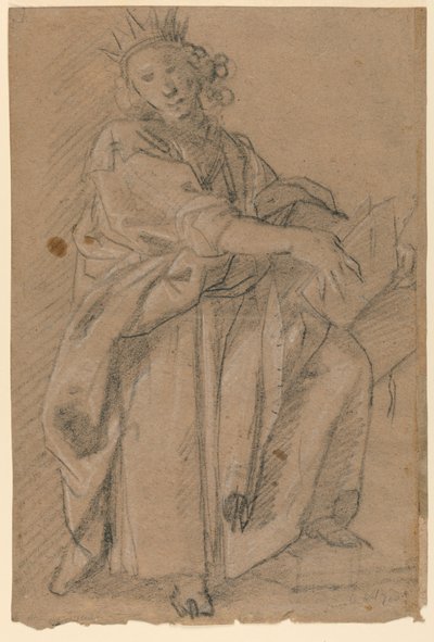 Boceto de una figura coronada de pie con un libro de Unknown artist
