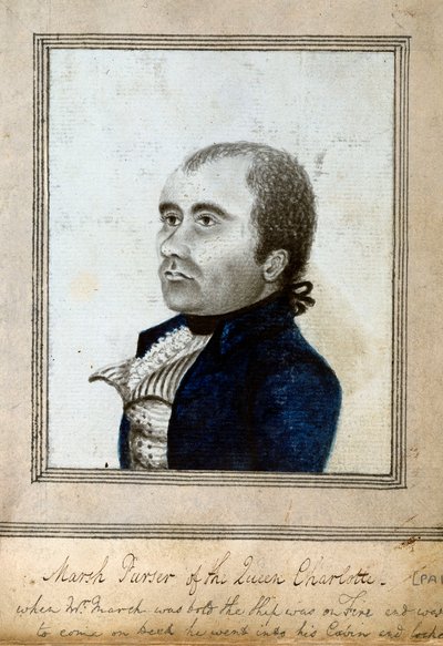 Retrato esbozado de Marsh, sobrecargo del "Queen Charlotte", c.1794 (aguada, azul, gris) de Unknown artist