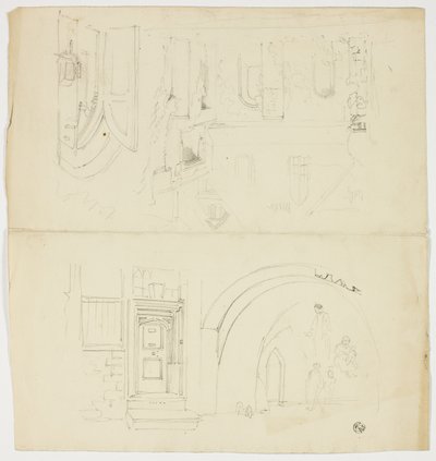 Bocetos de puerta, figuras, edificio con entrada lateral a la iglesia (anverso); boceto de aguja (reverso) de Unknown artist