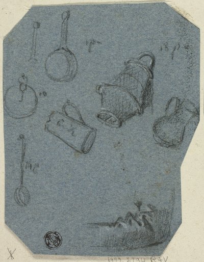 Bocetos de utensilios de cocina, brazo doblado (anverso); escena histórica (reverso) de Unknown artist