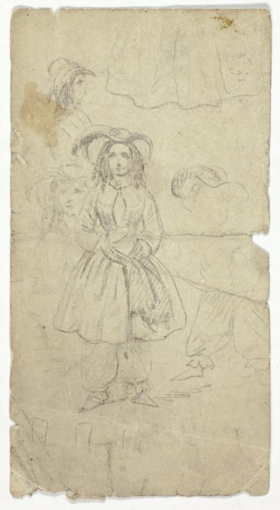 Bocetos de una joven (anverso); Bocetos de un intérprete de banjo (reverso) de Unknown artist