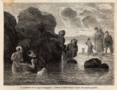 Pequeñas actividades de pesca en una playa de Sinagawa, los niños chapotean en el agua y atrapan cangrejos y peces pequeños. Grabado para ilustrar el viaje a Japón, en 1863-1864, por Aime Humbert, ministro de la Confederación Suiza, en “Le tour du monde, n de Unknown artist