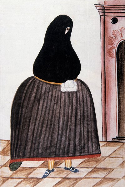 Mujer española con un manto cubriendo su rostro, de "Trujillo del Perú" o "Códice Martínez Compañón", por Baltazar Martínez Compañón y Bujanda, obispo de Trujillo (1782-1785) de Unknown artist