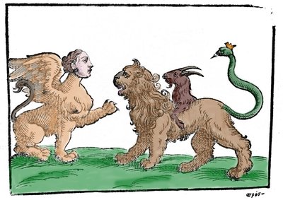 Esfinge contra Quimera después de Mythologiae sive explicationes fabularum de Natalis Comitis. Patavia 1637 de Unknown artist