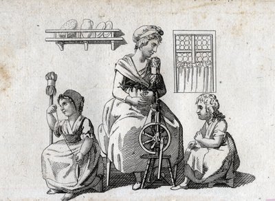 Hilado: madre e hijas hilando lana. La mujer usa una rueca y su hija usa un cardo. Grabado de finales del siglo XVIII. Colección privada. de Unknown artist