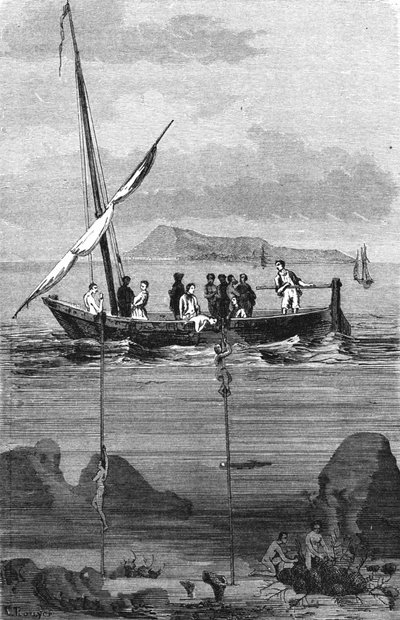 Pesca de esponjas a lo largo de la costa de Siria: los buzos descienden para recoger las esponjas a mano. Grabado del siglo XIX de Unknown artist