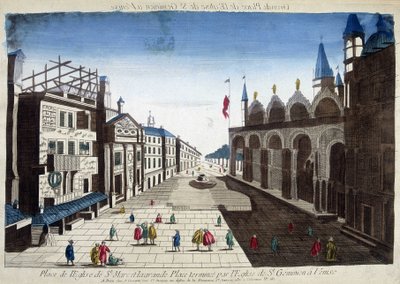 Plaza de la Iglesia de San Marcos y la Gran Plaza terminada por la Iglesia de San Geminiano en Venecia. Grabado del siglo XVIII. de Unknown artist