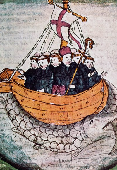San Brendan sobre una ballena, miniatura de Manuscriptum translationis Germanicae de Unknown artist