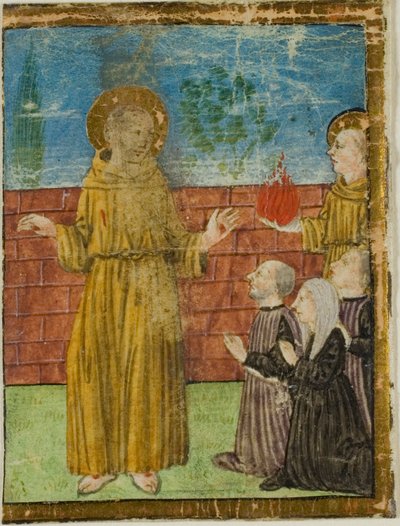 San Francisco de Asís con donantes en una inicial historiada de un manuscrito no identificado de Unknown artist