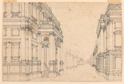 Diseño de escenario: calle de la ciudad con palacios de Unknown artist
