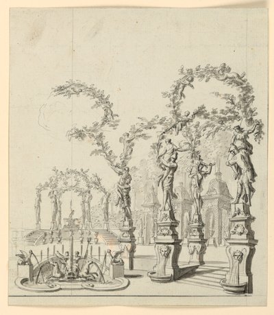 Diseño de escenario: Arquitectura de jardín con fuente y esculturas de Unknown artist