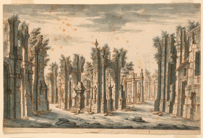 Diseño de escenario, grupo de edificios en ruinas de Unknown artist