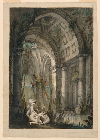 Diseño de escenario, ninfas bañándose en una gruta de Unknown artist
