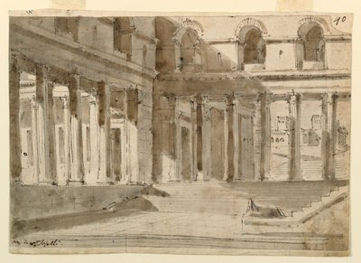 Diseño de escenario, corte del palacio con escaleras de Unknown artist