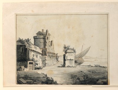 Diseño de escenario, ruinas cerca de la orilla de Unknown artist