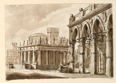 Diseño de escenario, plaza con edificio público de Unknown artist