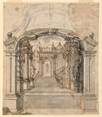 Diseño de escenario: Escalera con esculturas de Unknown artist