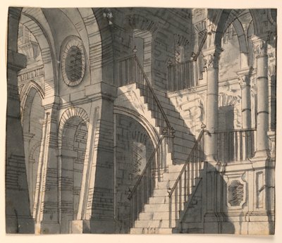 Diseño de escenario, interior de piedra con escalera de Unknown artist