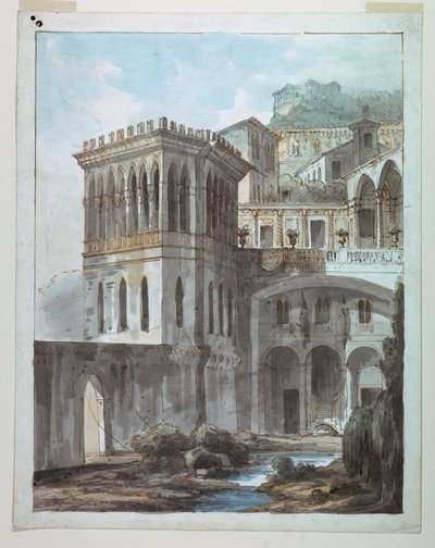 Diseño escénico, vista de la ciudad en la ladera de Unknown artist