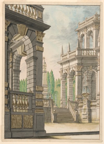 Diseño de escenario: Villa con obelisco y armas de Albani de Unknown artist