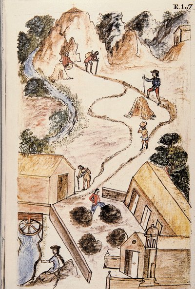Etapas de la producción de metal desde las minas hasta las cargas, del libro "Trujillo del Perú" o "Códice Martínez Compañón", por Baltazar Martínez Compañón y Bujanda, obispo de Trujillo (1782-1785) de Unknown artist