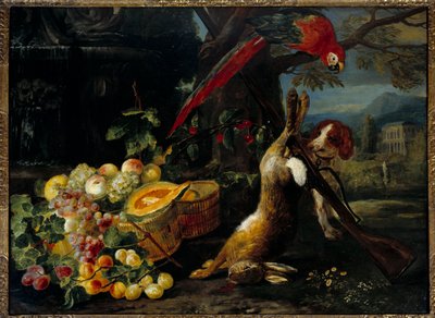 Naturaleza muerta de caza, loro y frutas de Unknown artist