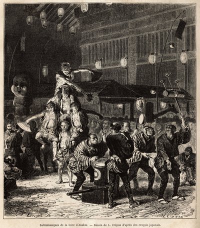 Saltimbanquis callejeros: malabaristas, equilibristas y acróbatas, en actuaciones nocturnas, en la Feria anual de Asaksa, Templo de Tokio. Grabado para ilustrar el viaje a Japón, por Aime Humbert, ministro de la Confederación Suiza, en 1863-1864, publicado de Unknown artist