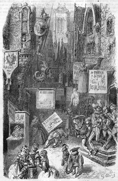 Escena callejera en la Edad Media. Grabado del siglo XIX. de Unknown artist