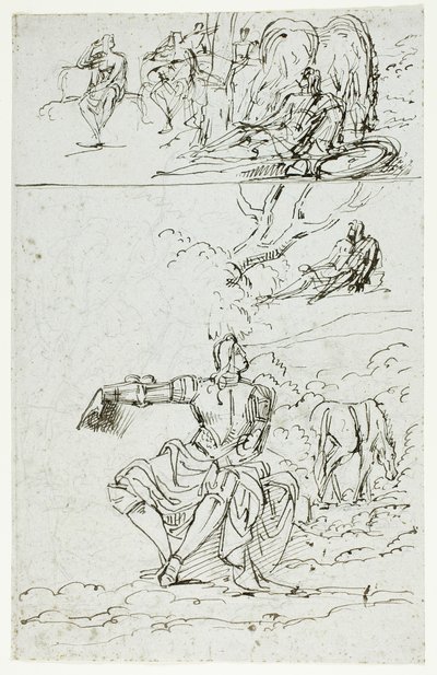 Hoja de estudio con caballero sentado (anverso); figura masculina de pie con vestimenta medieval (reverso) de Unknown artist