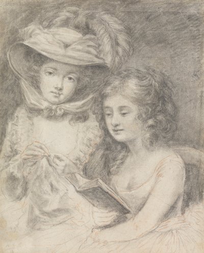 Estudio de una mujer cosiendo y una niña leyendo de Unknown artist