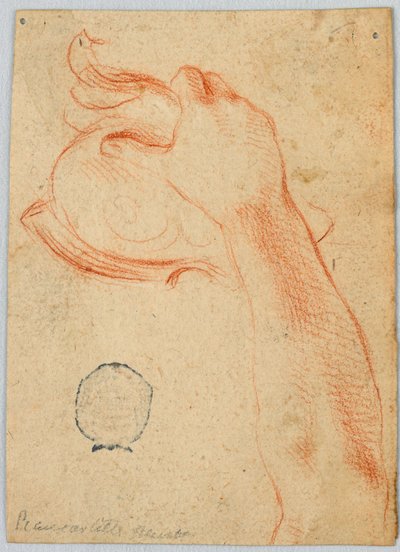 Estudio del antebrazo derecho de una mujer, sosteniendo un casco antiguo de Unknown artist