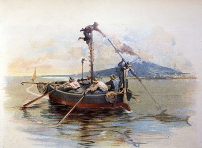 Pesca de pez espada con arpón en el Estrecho de Mesina en Sicilia. Acuarela de 1898 de Unknown artist