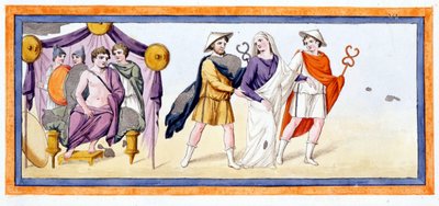 Taltibio y Euríbates llevan a la virgen Briseida ante Aquiles, que está en la tienda de los Mirmidones. Ilíada Canto I, v 345. Grabado de finales del siglo XVIII. de Unknown artist