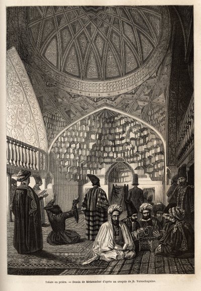 Tártaros en oración, en la Mezquita de Schusha (Transcaucasia, Rusia). Grabado para ilustrar el viaje en las provincias del Cáucaso, por Basile Vereschaguine, en 1864-1865, publicado en 