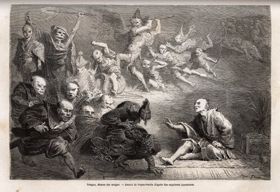 Tengu o demonio de los sueños, dios menor del folclore japonés, zoomorfo, toma la forma de un cuervo, dotado de poderes mágicos, es un tema popular en el arte, teatro y literatura en Japón. Grabado para ilustrar el viaje a Japón en 1863-1864, por Aime de Unknown artist