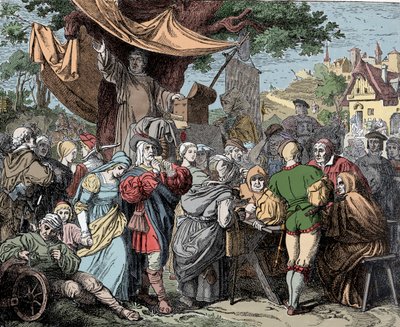 Tetzel vendiendo indulgencias - Johann Tetzel (1465-1519), sacerdote dominico alemán, vende indulgencias para la construcción de la Basílica de San Pedro en Roma, circa 1515 de Unknown artist