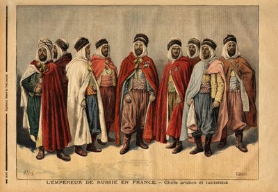 Los jefes árabes y tunecinos, encargados de la guardia de honor del Zar Nicolás II, visitando Francia. (Si Hamza, jefe de los Uleds sidi sheiks; Si Mohammed ben Gana, agha de los Zibans; Si Ferhat Mouly, caid de los Beni Maaida; Si Lakdan, agha de los Larb de Unknown artist