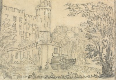 La parte trasera de un gran castillo con una noria en primer plano de Unknown artist