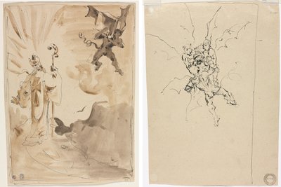 El obispo y el demonio (recto); Tres demonios sosteniendo a un caballero (verso) de Unknown artist