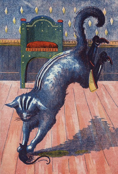 El gato se lanza sobre el ogro que se transforma en ratón. Ilustración para El gato con botas, cuento de Charles Perrault (1628-1703), escritor francés. Ilustración anónima. Imágenes Marcel Vagne, Jarville Nancy, sin fecha (finales del siglo XIX) de Unknown artist