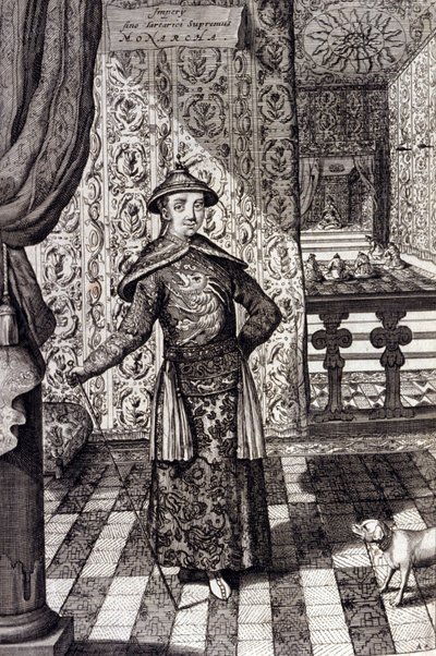 El emperador chino y gobernante supremo de los tártaros - Emperador chino Kangxi (1652-1722) dinastía Qing, grabado por Athanasius Kircher (1601-1680) de “China Monumentis, qua sacris qua profanis” 1667 - Emperador chino Kangxi (1652-1722) dinastía Qing, de Unknown artist