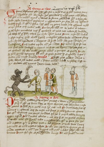 El diablo con un hombre con los ojos vendados; el hombre colgado de un árbol cercano de Unknown artist